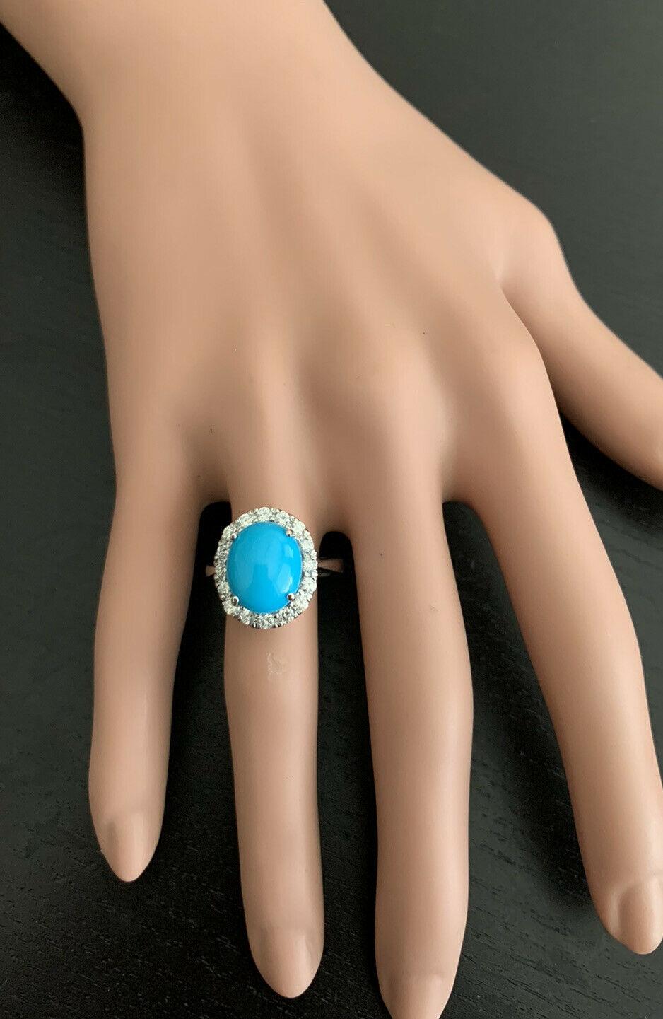Women's 7.65 Carats Natural Turquoise and Diamond 18k Solid White Gold Ring For Sale