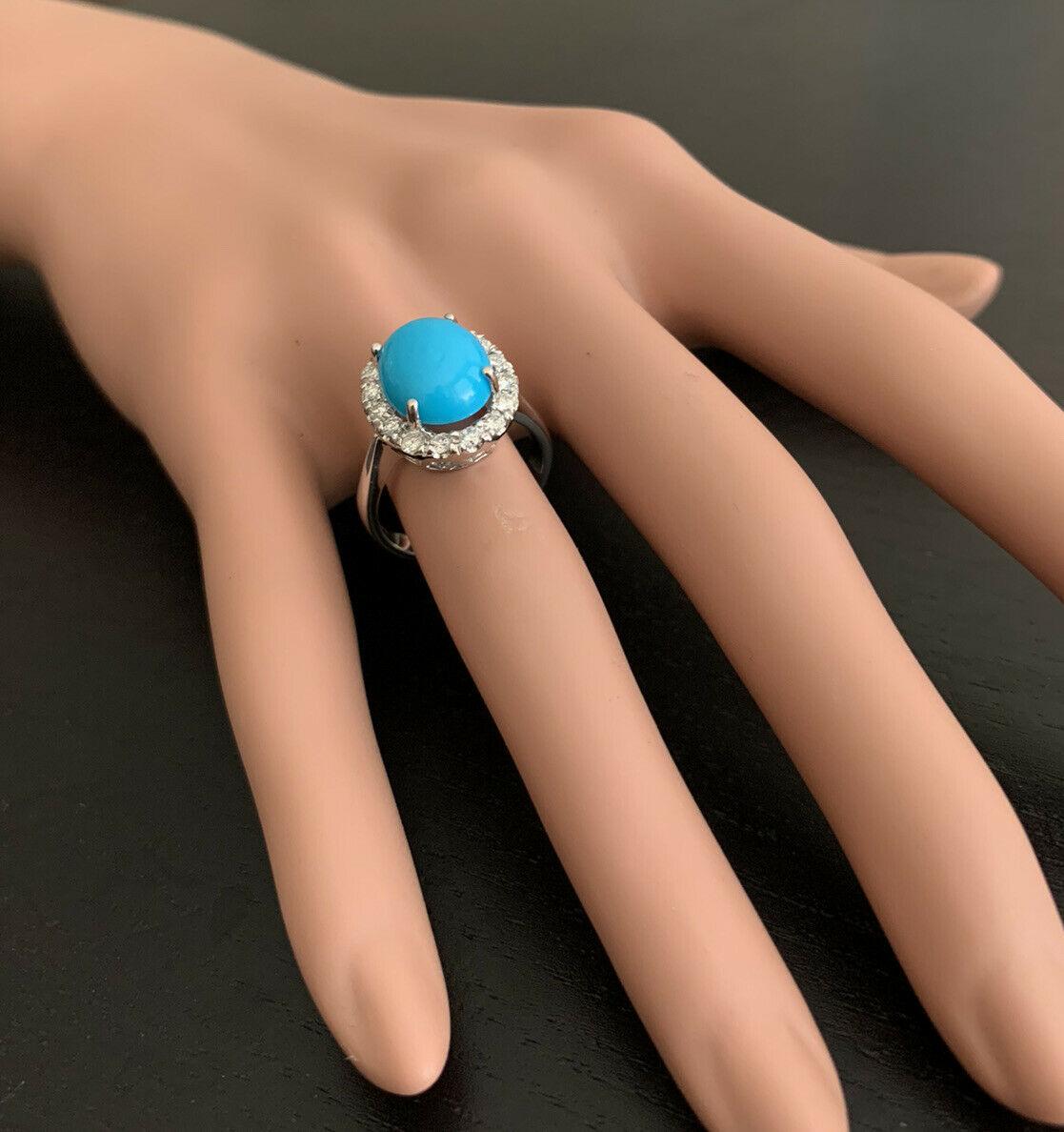 7.65 Carats Natural Turquoise and Diamond 18k Solid White Gold Ring For Sale 2