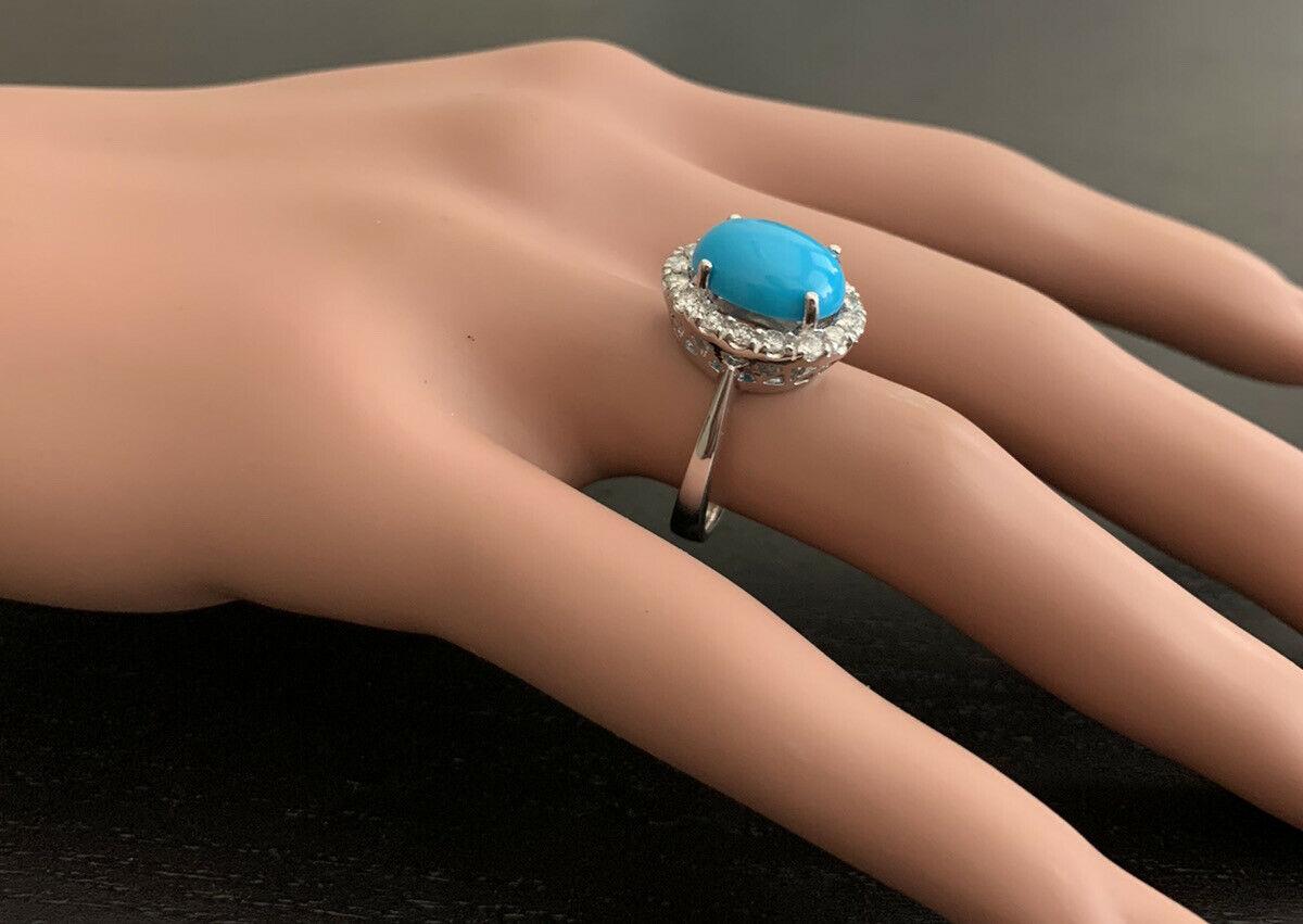 7.65 Carats Natural Turquoise and Diamond 18k Solid White Gold Ring For Sale 3