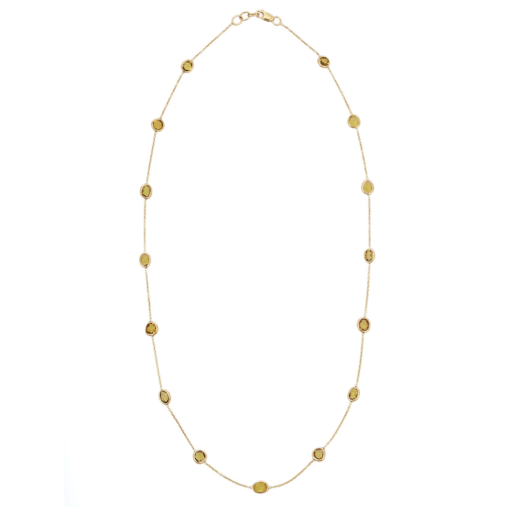 Modernist 7.65 Ct Yellow Sapphire Station Chain Necklace 14k Yellow Gold, Grandma Gift For Sale
