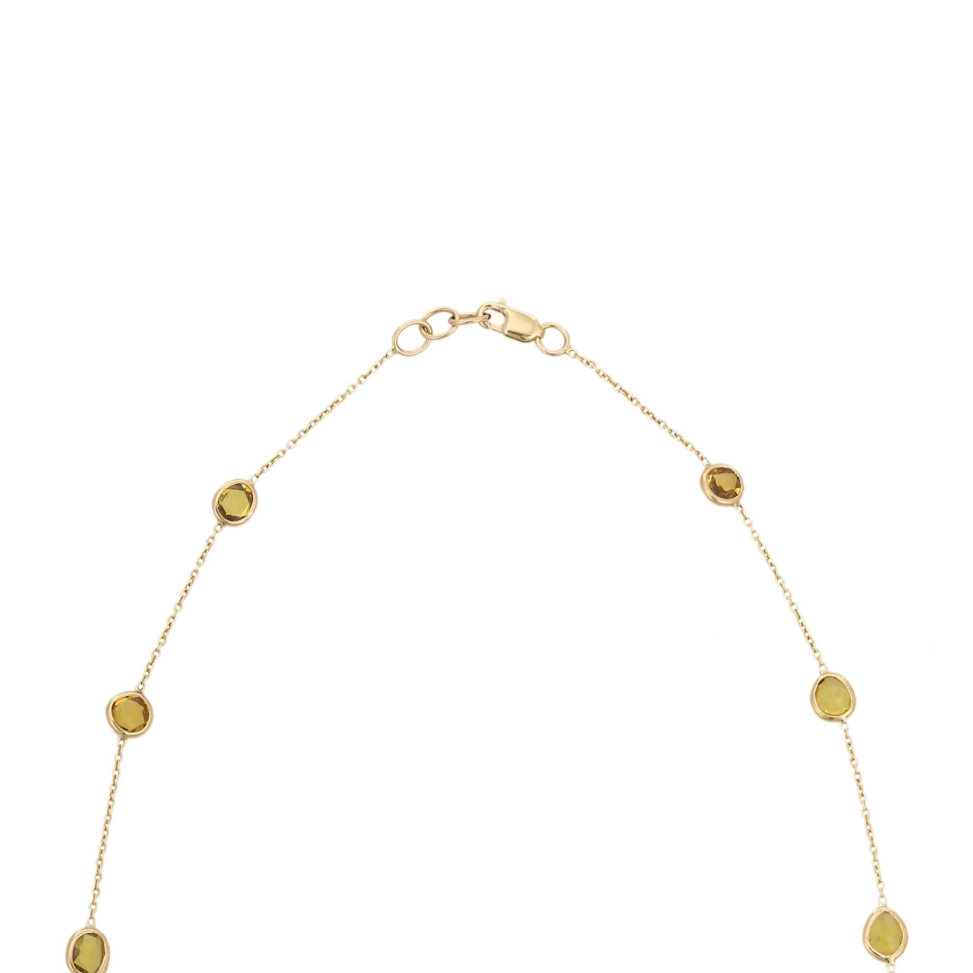Mixed Cut 7.65 Ct Yellow Sapphire Station Chain Necklace 14k Yellow Gold, Grandma Gift For Sale