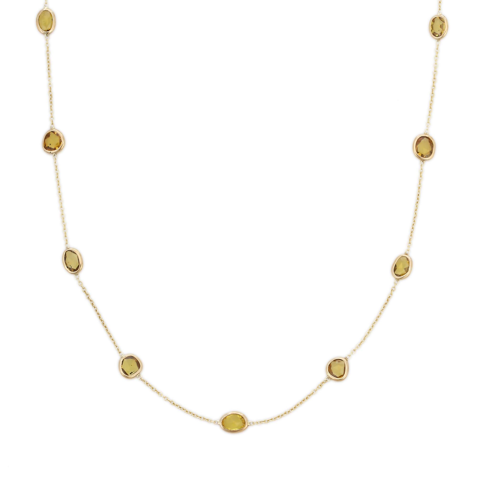 7.65 Ct Yellow Sapphire Station Chain Necklace 14k Yellow Gold, Grandma Gift In New Condition For Sale In Houston, TX