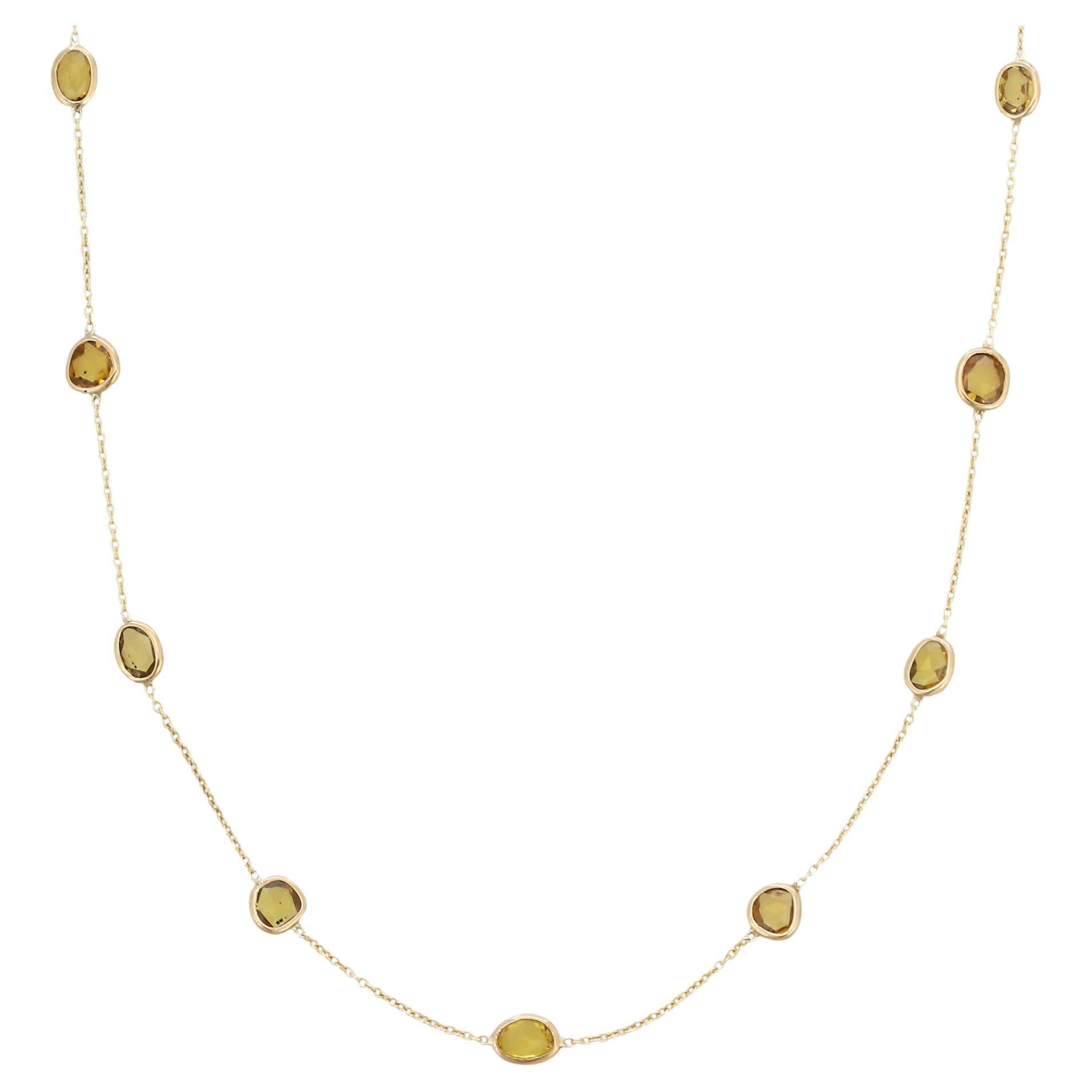 7.65 Ct Yellow Sapphire Station Chain Necklace 14k Yellow Gold, Grandma Gift For Sale