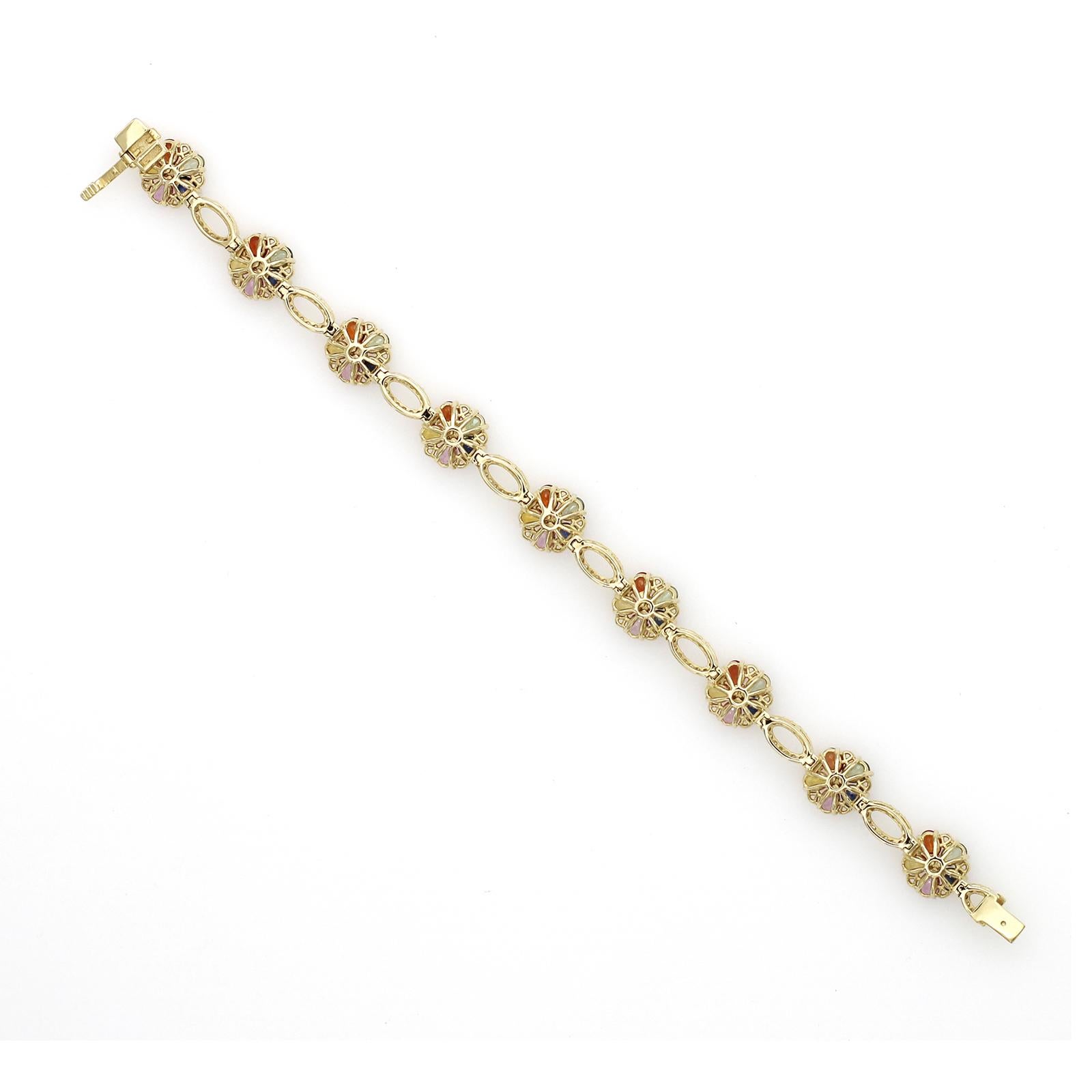 7.65 CT Multicolor Sapphires 0.85CT Diamonds in 14K Gold Flower Bracelet In Excellent Condition For Sale In Los Angeles, CA