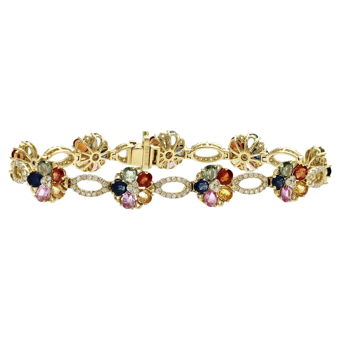 7.65 CT Multicolor Sapphires 0.85CT Diamonds in 14K Gold Flower Bracelet For Sale