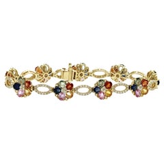 7.65 CT Multicolor Sapphires 0.85CT Diamonds in 14K Gold Flower Bracelet