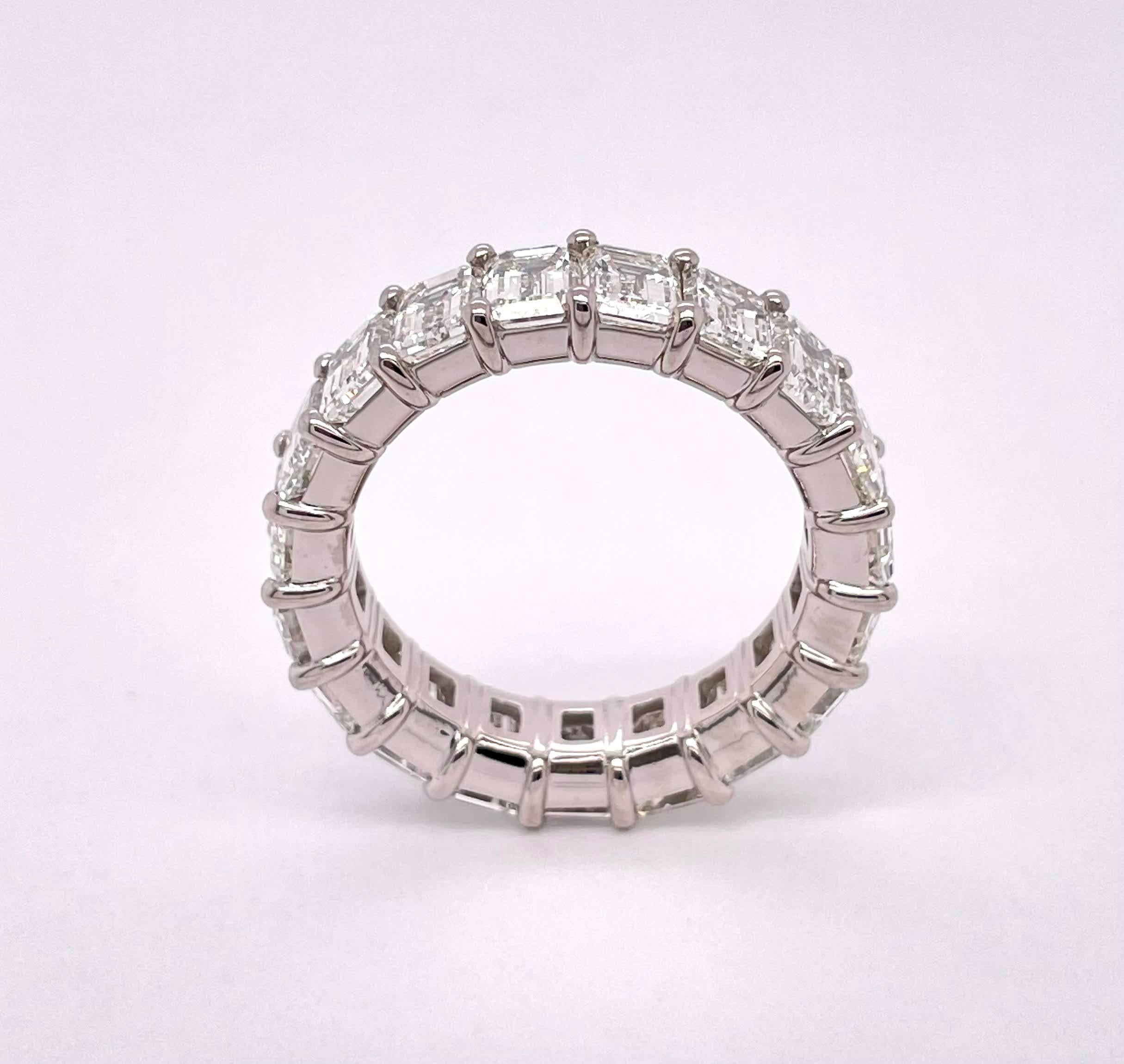 Classic Eternity Ring with 7.66 carats of 19 Emerald Cuts diamonds with FG color, VS clarity is elegantly mounted on a Platinum setting.
We custom any eternity ring in any size and any length.
Price will be adjusted accordingly.
