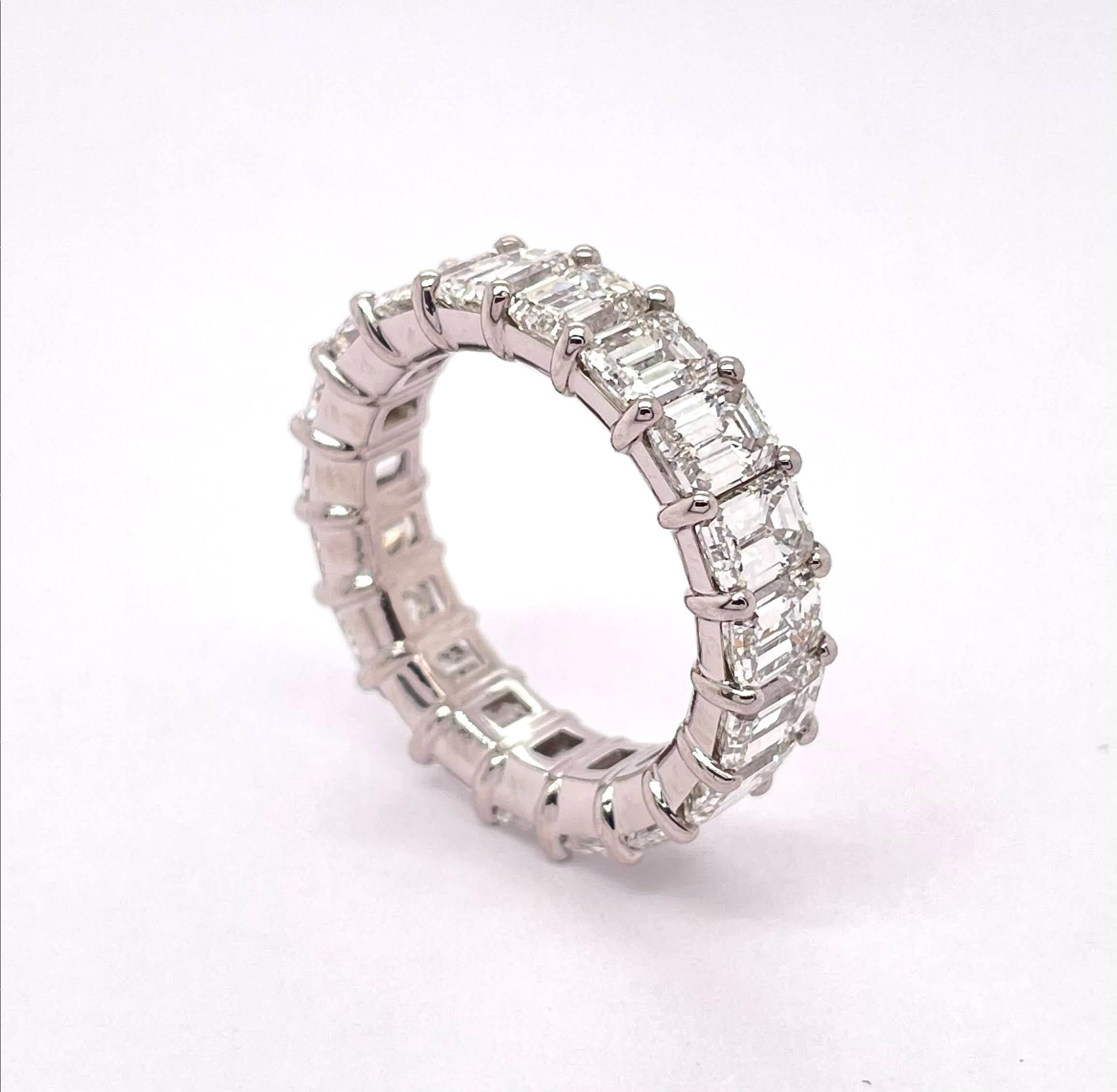 7.66 Carat Emerald Cut Eternity Band Platinum Mounting For Sale 1