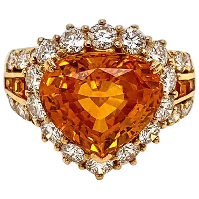 7.66 Carat Orange Sapphire Diamond Gold Ring For Sale