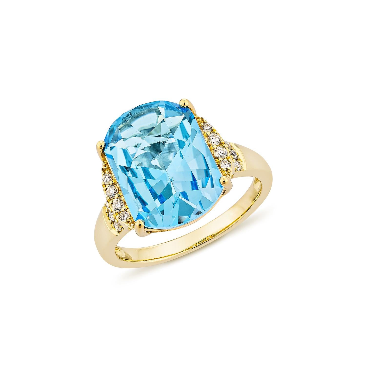Contemporary 7.66 Carat Swiss Blue Topaz Fancy Ring in 18Karat Yellow Gold with Diamond. For Sale