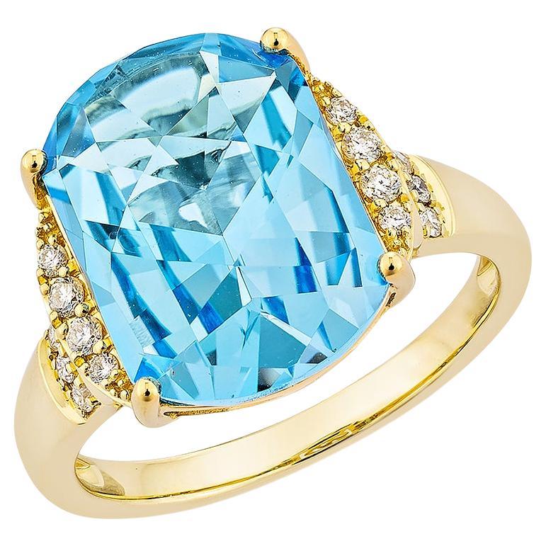 7.66 Carat Swiss Blue Topaz Fancy Ring in 18Karat Yellow Gold with Diamond. For Sale