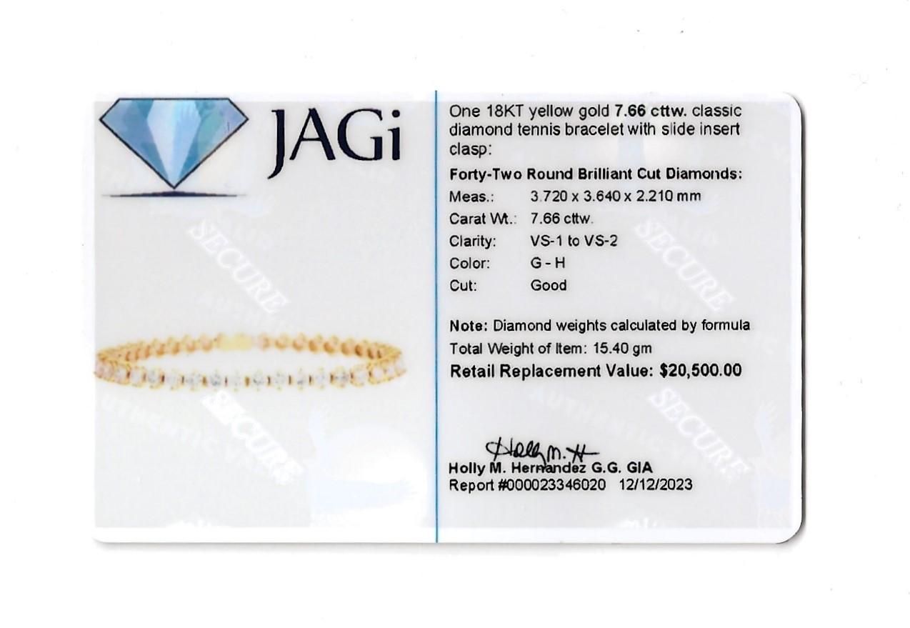 7.66 Carat Total Round Diamond Tennis Bracelet Set in 18 Karat Yellow Gold For Sale 7