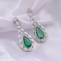 7.66 Ct Zambian Emerald 8.44 Ct Diamond Marquise Drop Earrings 18K White Gold