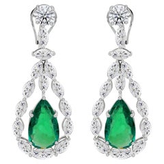 7.66 Ct Zambian Emerald 8.44 Ct Diamond Marquise Drop Earrings 18K White Gold