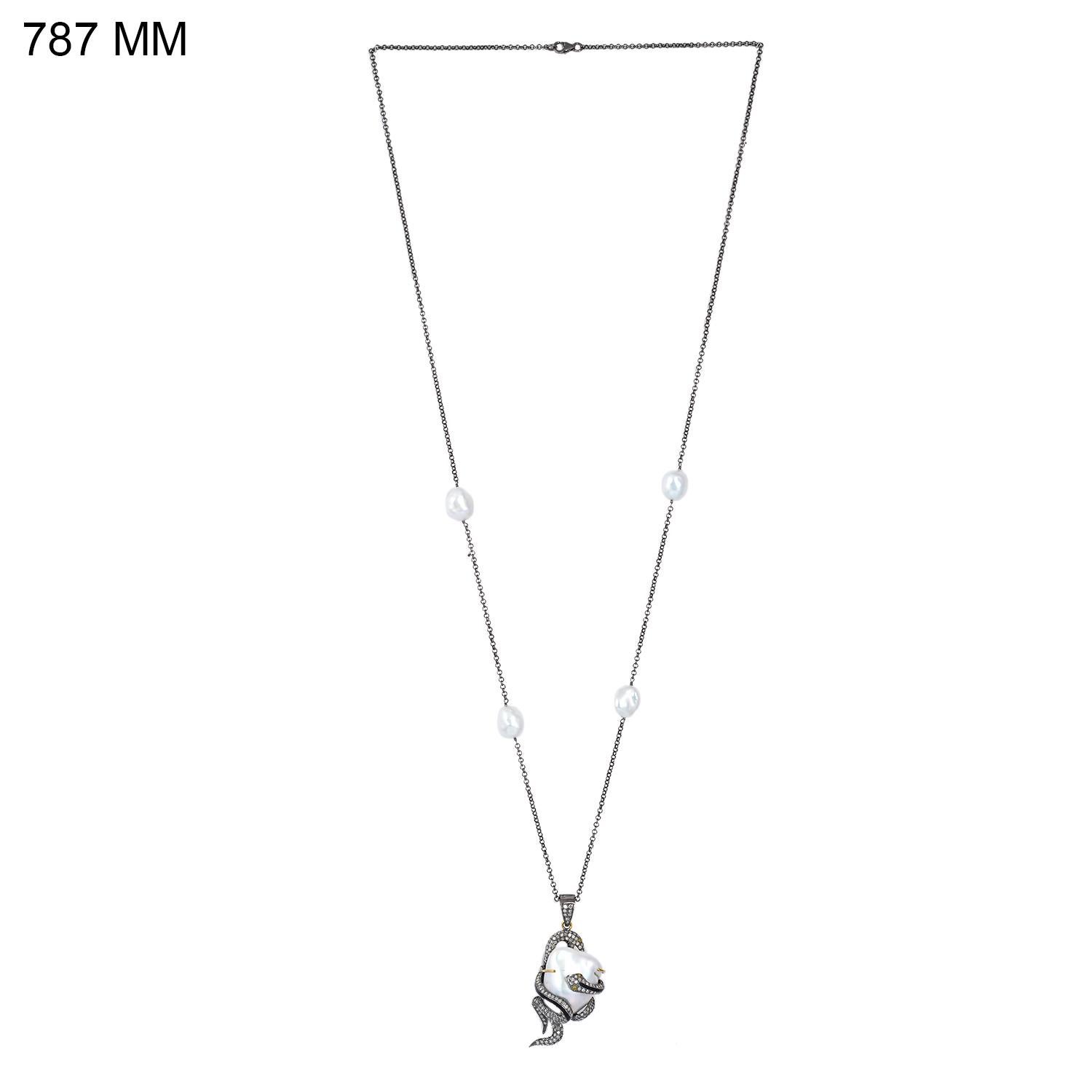 76,65 Karat Perle Diamant Schlangenanhänger Halskette mit Anhänger (Moderne) im Angebot