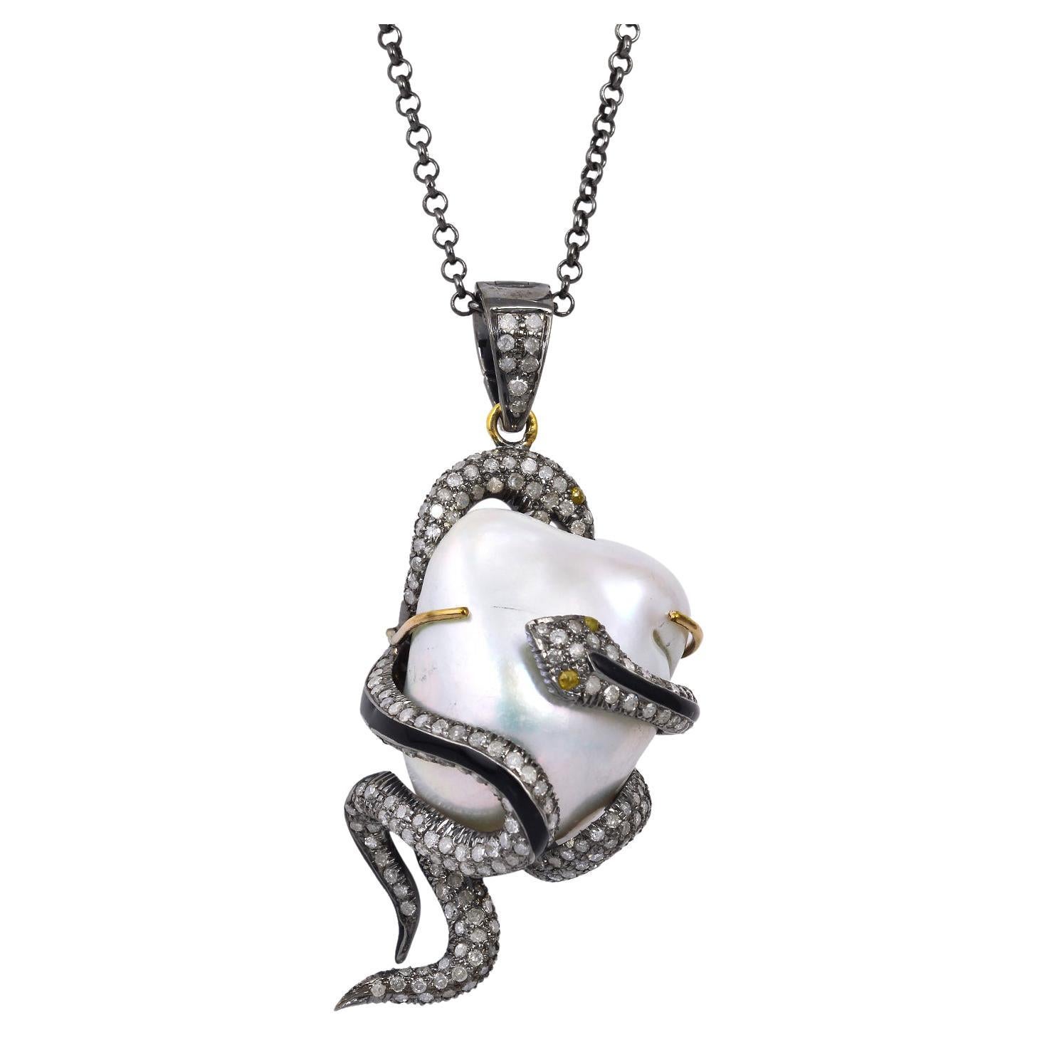 76.65 Carats Pearl Diamond Snake Pendant Necklace