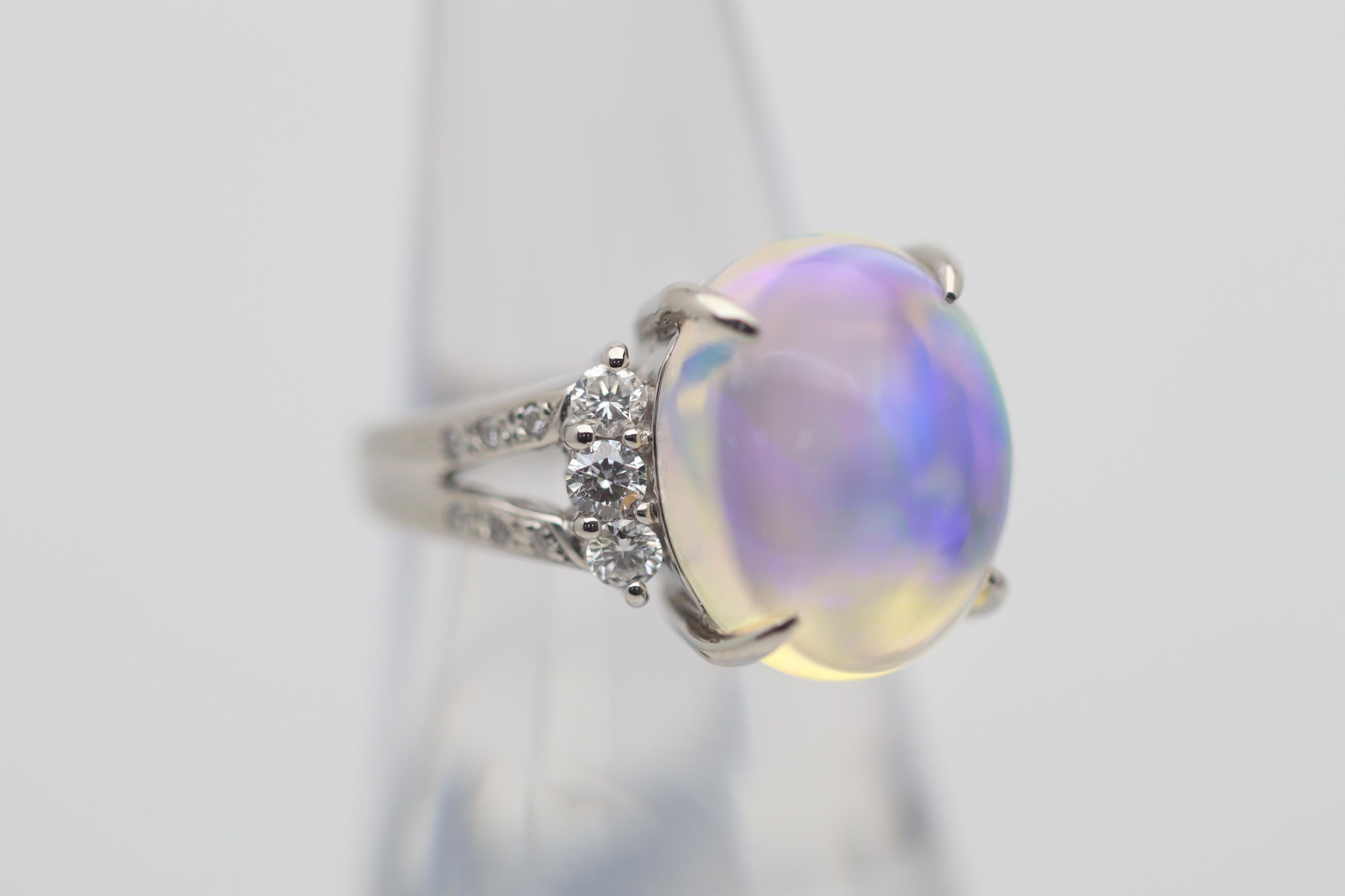 Cabochon 7.67 Carat Australian Crystal Opal Diamond Platinum Ring For Sale