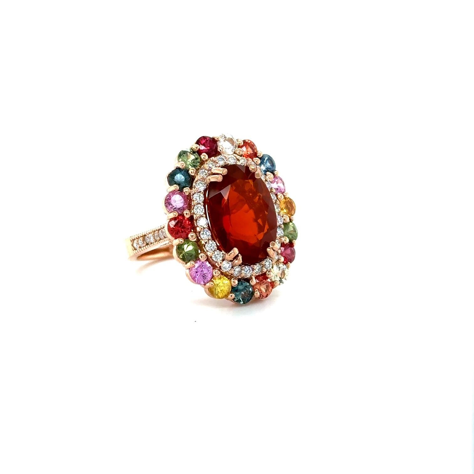Contemporary 7.67 Carat Natural Fire Opal Sapphire and Diamond Rose Gold Cocktail Ring For Sale