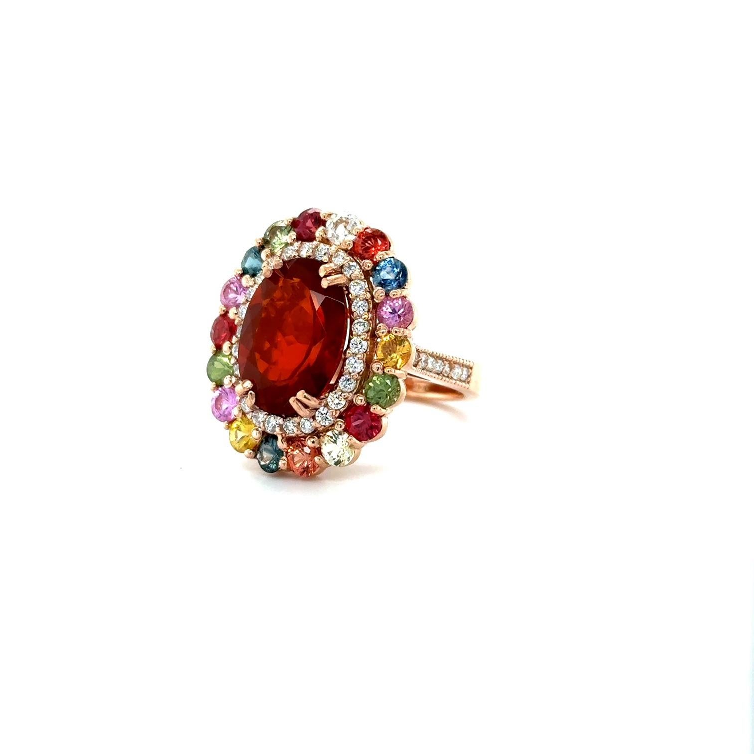 Oval Cut 7.67 Carat Natural Fire Opal Sapphire and Diamond Rose Gold Cocktail Ring For Sale