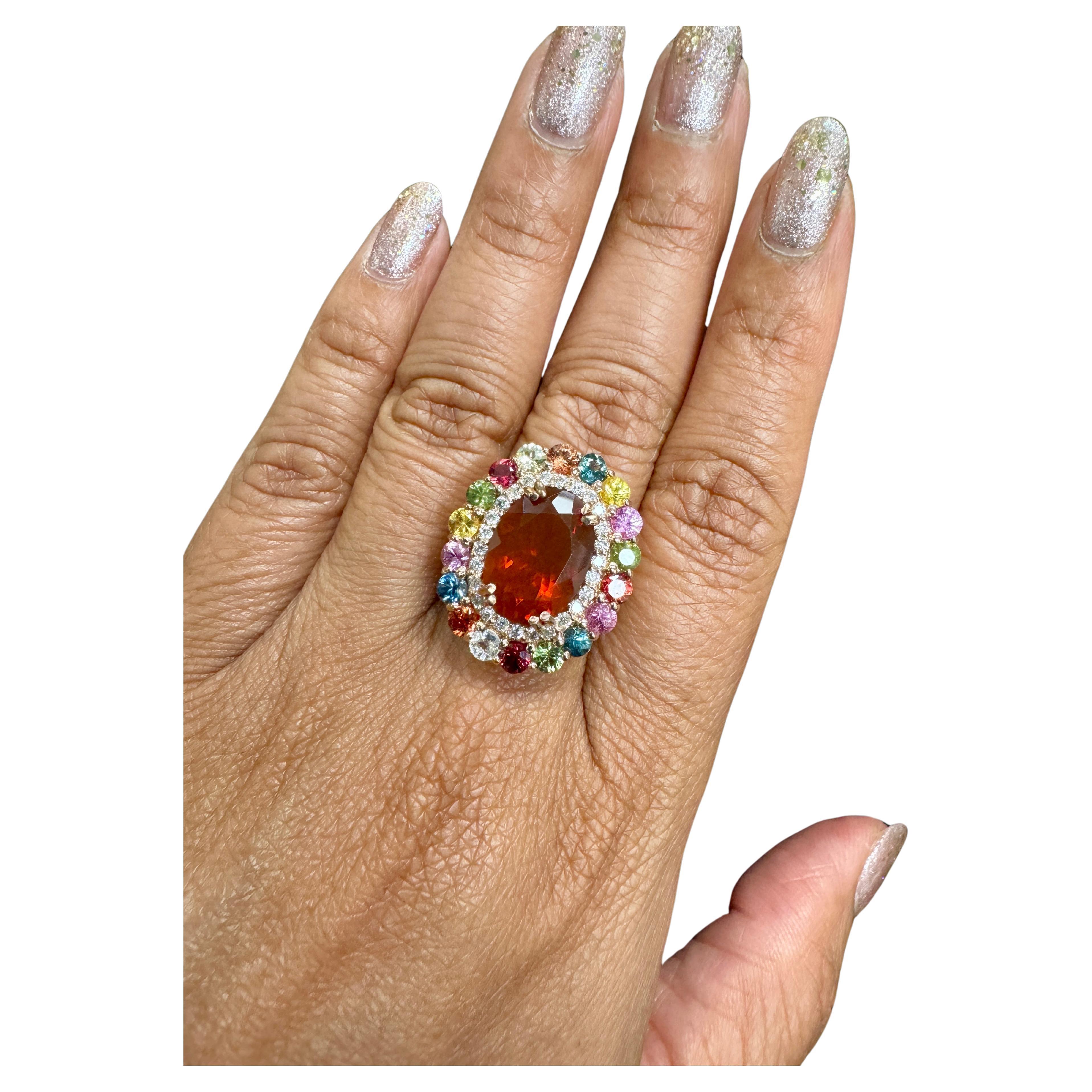 7.67 Carat Natural Fire Opal Sapphire and Diamond Rose Gold Cocktail Ring In New Condition For Sale In Los Angeles, CA