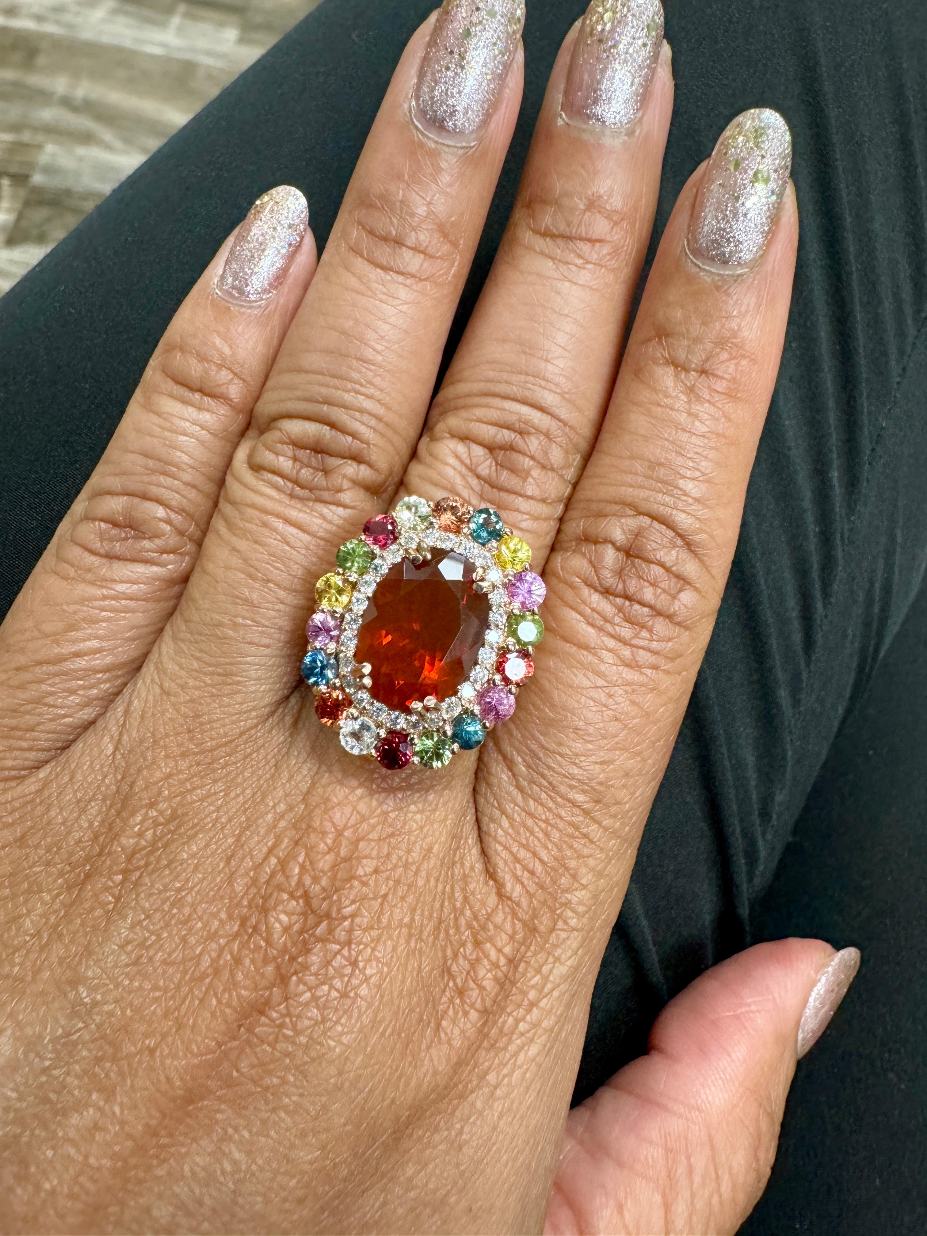 Women's 7.67 Carat Natural Fire Opal Sapphire and Diamond Rose Gold Cocktail Ring For Sale