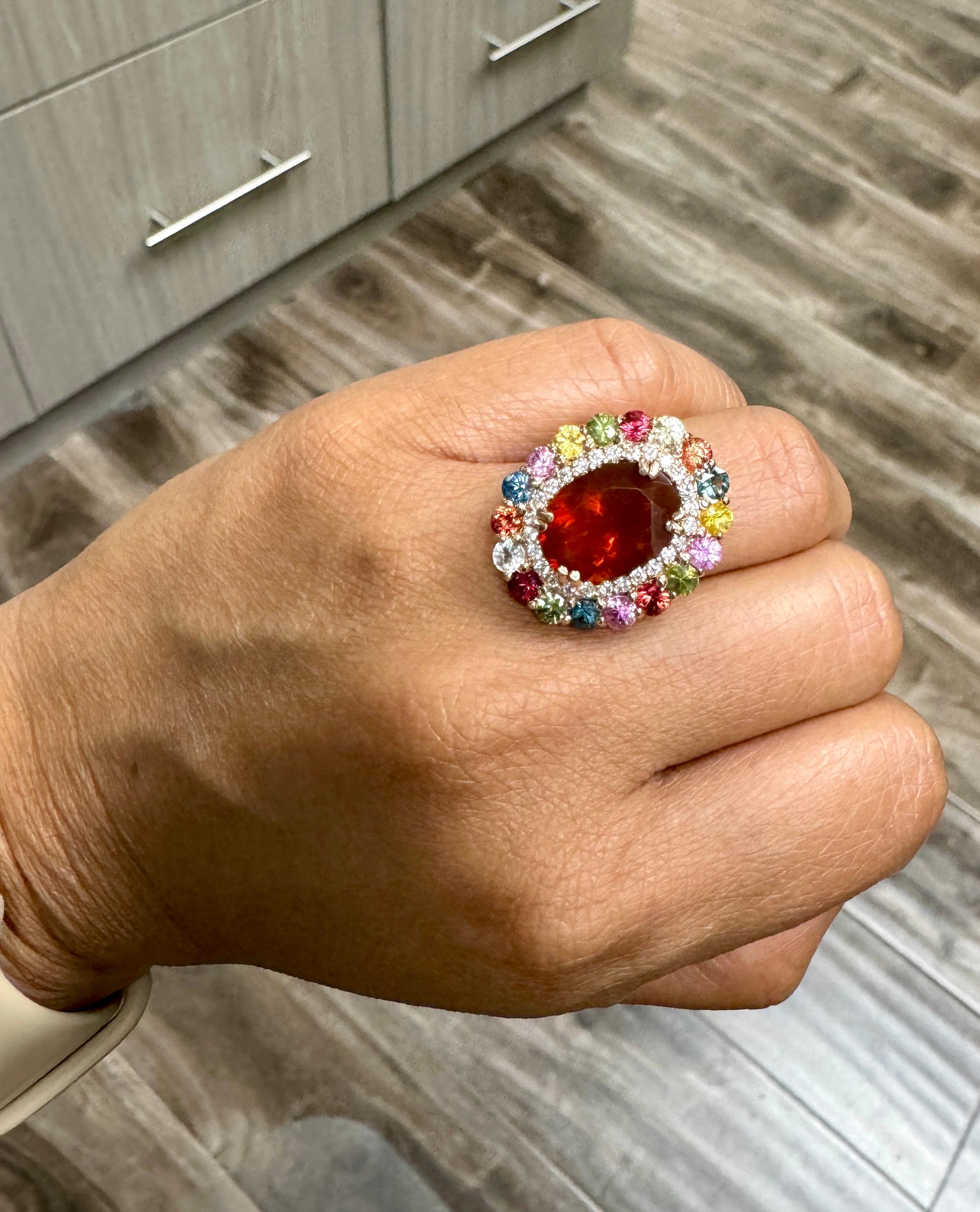 7.67 Carat Natural Fire Opal Sapphire and Diamond Rose Gold Cocktail Ring For Sale 1