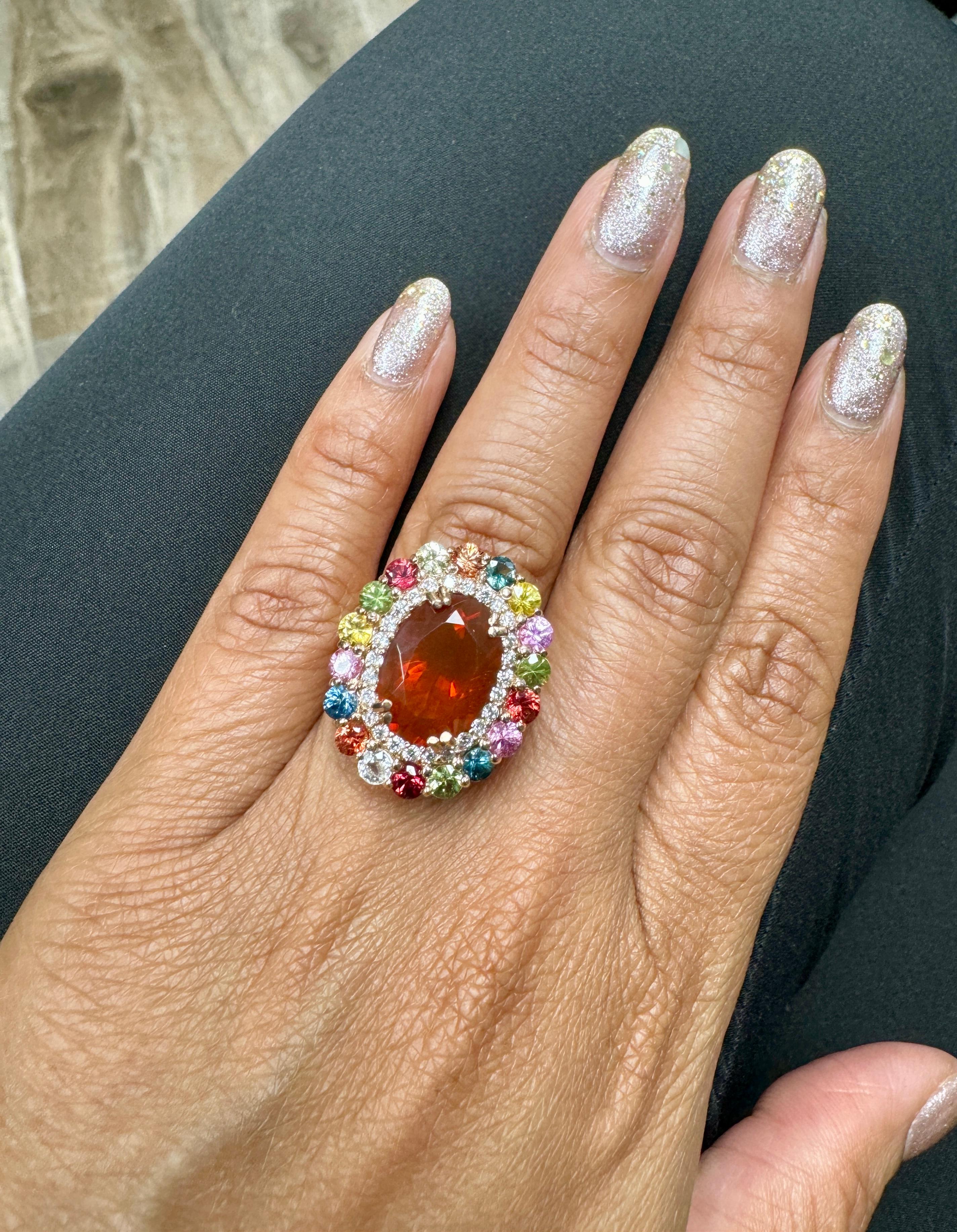 7.67 Carat Natural Fire Opal Sapphire and Diamond Rose Gold Cocktail Ring For Sale 2