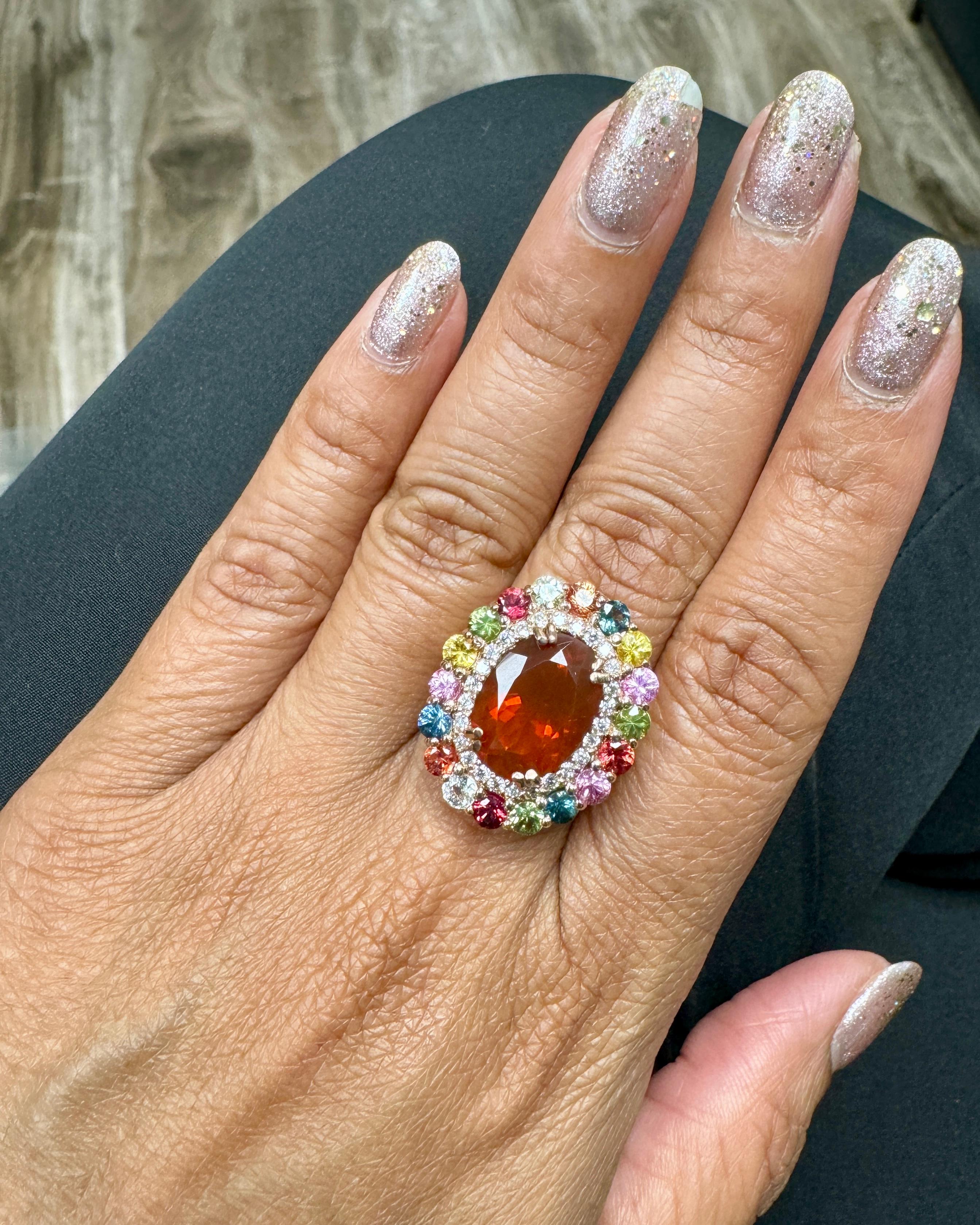 7.67 Carat Natural Fire Opal Sapphire and Diamond Rose Gold Cocktail Ring For Sale 3