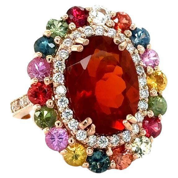 7.67 Carat Natural Fire Opal Sapphire and Diamond Rose Gold Cocktail Ring For Sale