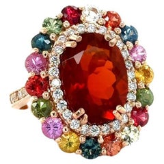 7.67 Karat Natürlicher Feuer Opal Saphir und Diamant Rose Gold Cocktail Ring