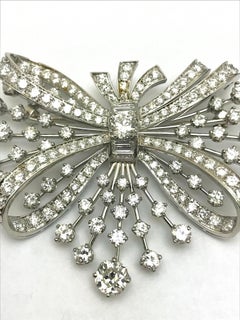 7.67 Carat Round and Baguette Diamond Platinum Spray Bow Brooch