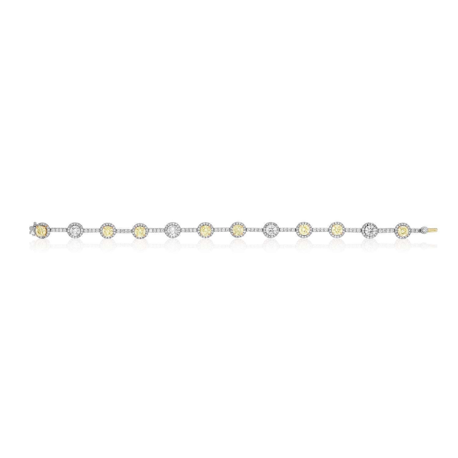 Yellow and White Diamond Bracelet

8 Round Yellow Diamonds and 4 Round White Diamonds weighing 5.96 Carats, surrounded and spaced with 238 Round White Diamonds weighing 1.71 Carats.

Set in Platinum and 18 Karat Yellow Gold

Measures 7 inches.