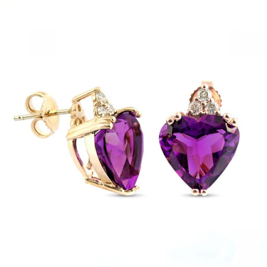 Discover this charming pair of Amethyst heart-shaped earrings, set in exquisite 14K Yellow Gold. The Amethyst hearts are beautifully cut, emanating an internal fire that captivates the beholder. Enhanced by well-matched diamonds and a secure locking