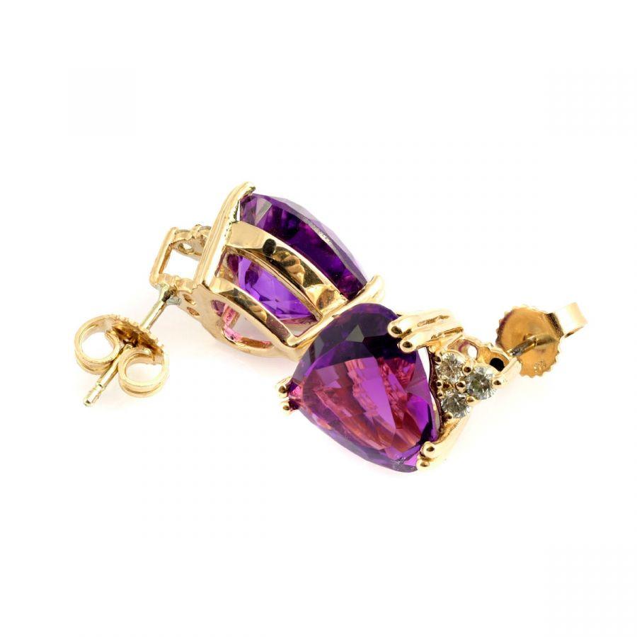 Mixed Cut Natural Amethyst 7.68 Carat in Yellow Gold Earrings with Diamonds For Sale