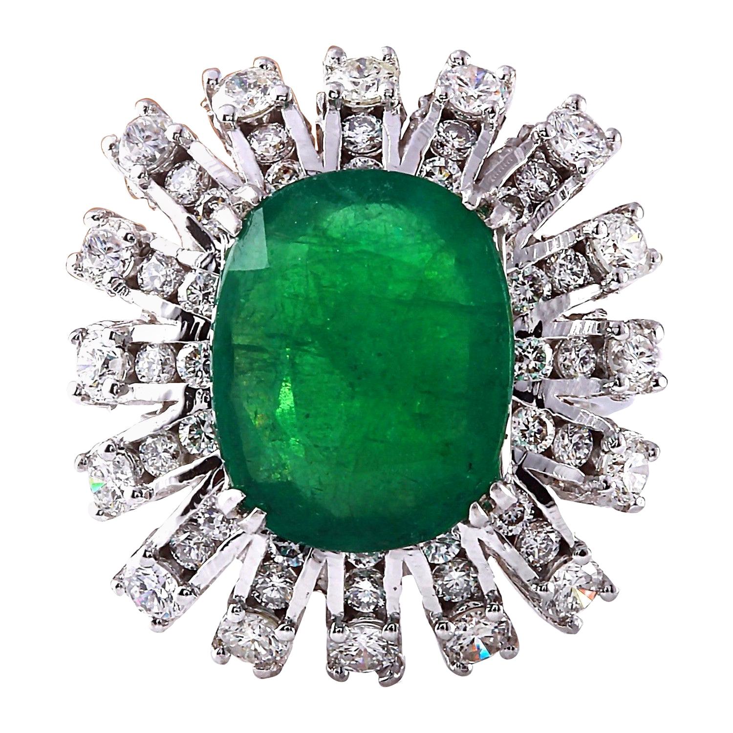 Exquisite Natural Emerald Diamond Ring In 14 Karat Solid White Gold 