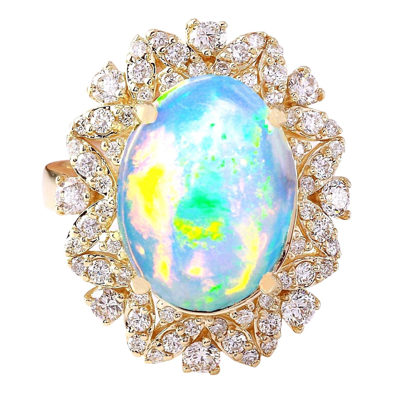 7.68 Carat Natural Opal 14K Solid Yellow Gold Diamond Ring
 Item Type: Ring
 Item Style: Cocktail
 Material: 14K Yellow Gold
 Mainstone: Opal
 Stone Color: Multicolor
 Stone Weight: 6.48 Carat
 Stone Shape: Oval
 Stone Quantity: 1
 Stone Dimensions: