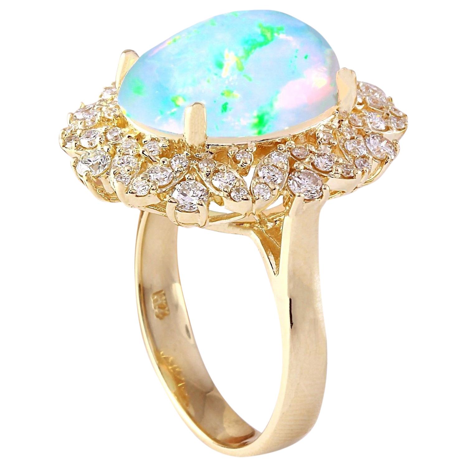 Oval Cut Opal Diamond Ring In 14 Karat Solid Yellow Gold  For Sale