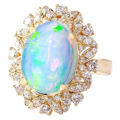 Anillo De Diamante Ópalo En Oro Amarillo Macizo De 14 Quilates