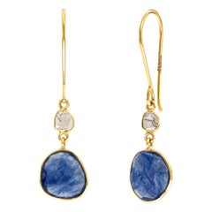 7.68 Carat Rose Cut Blue Sapphire Diamond 18 Karat Yellow Gold Artisan Earrings 