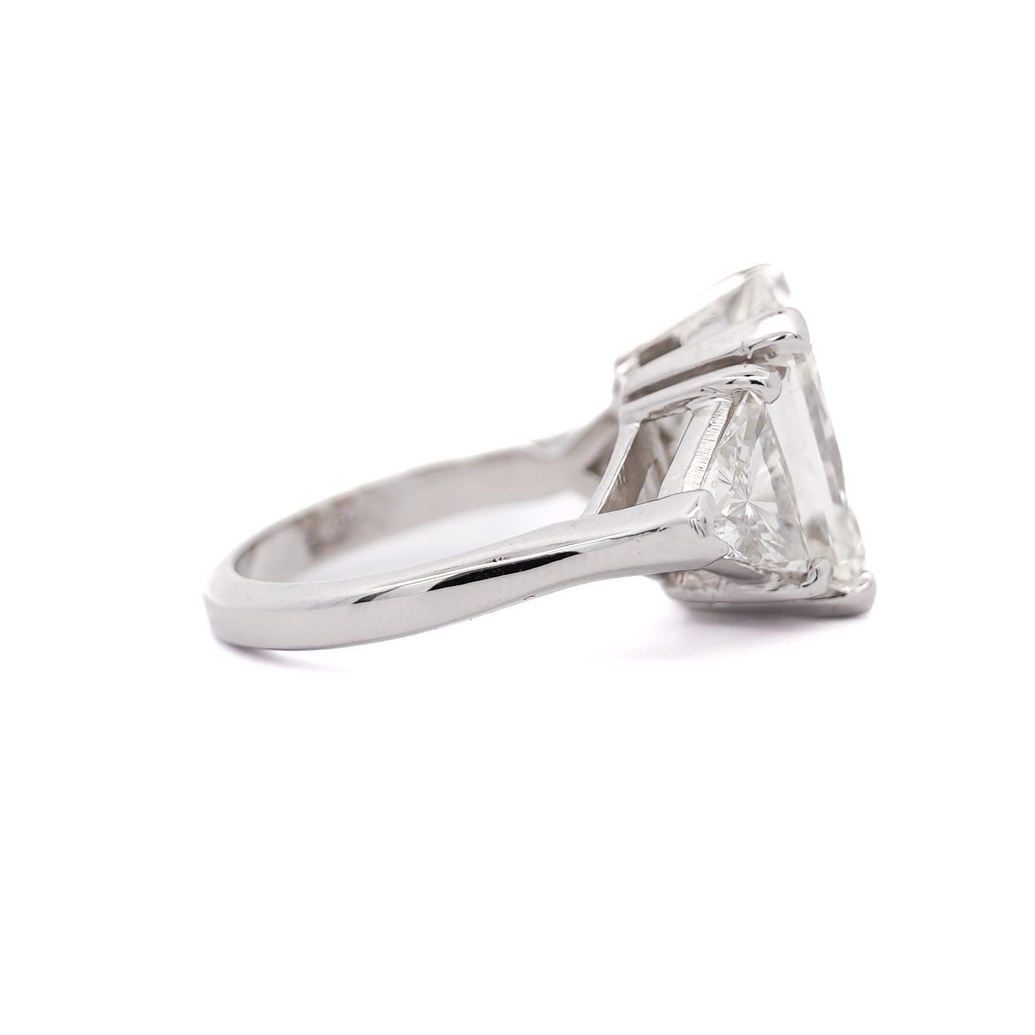 7.68 Carat TW Radiant Cut & Trillion Cut Three Stone Engagement Ring For Sale 4