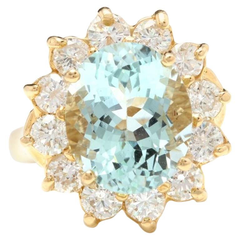 Bague en or jaune massif 14 carats avec aigue-marine naturelle exquise de 7,68 carats et diamants