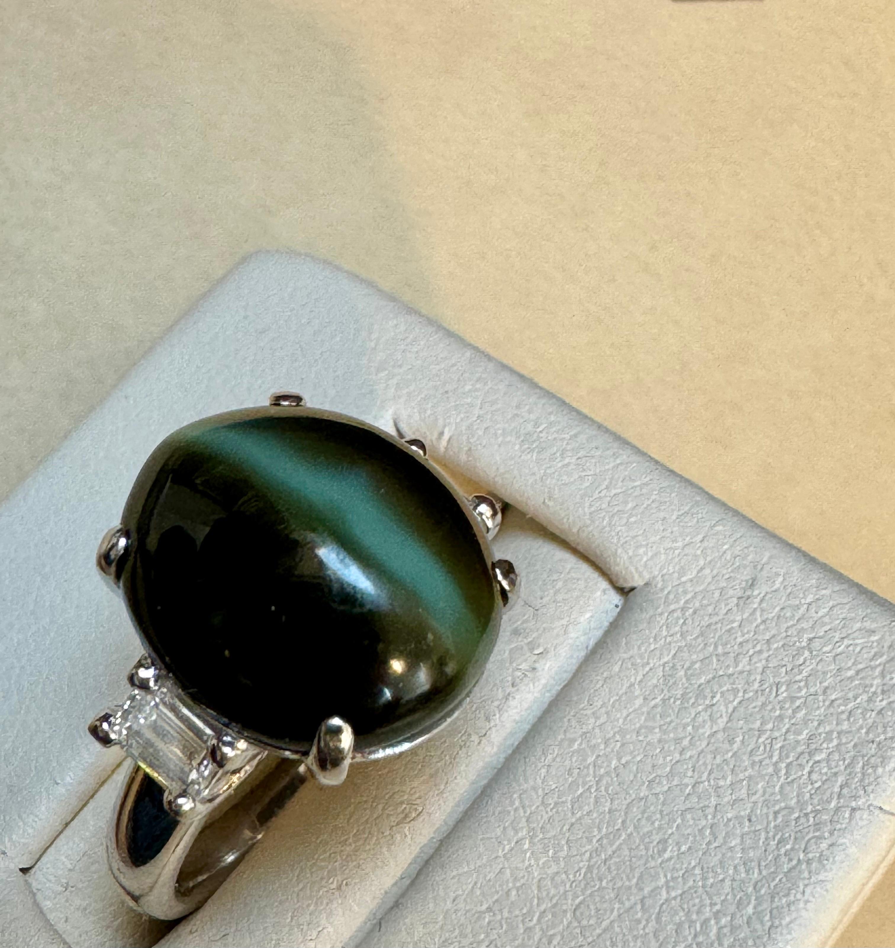 7.68 Ct Blue Green Cat's Eye Tourmaline Cocktail Ring with Diamonds in Platinum For Sale 6