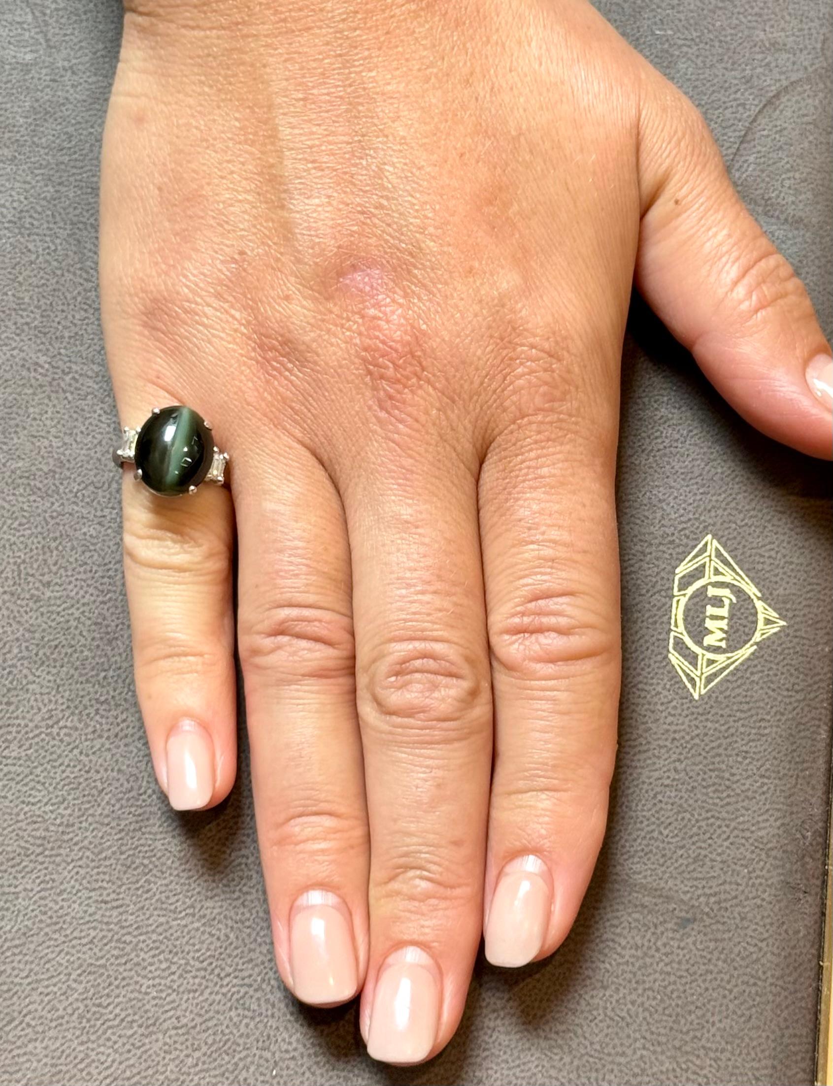 7.68 Ct Blue Green Cat's Eye Tourmaline Cocktail Ring with Diamonds in Platinum For Sale 9