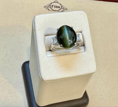 7.68 Ct Blue Green Cat's Eye Tourmaline Cocktail Ring with Diamonds in Platinum
