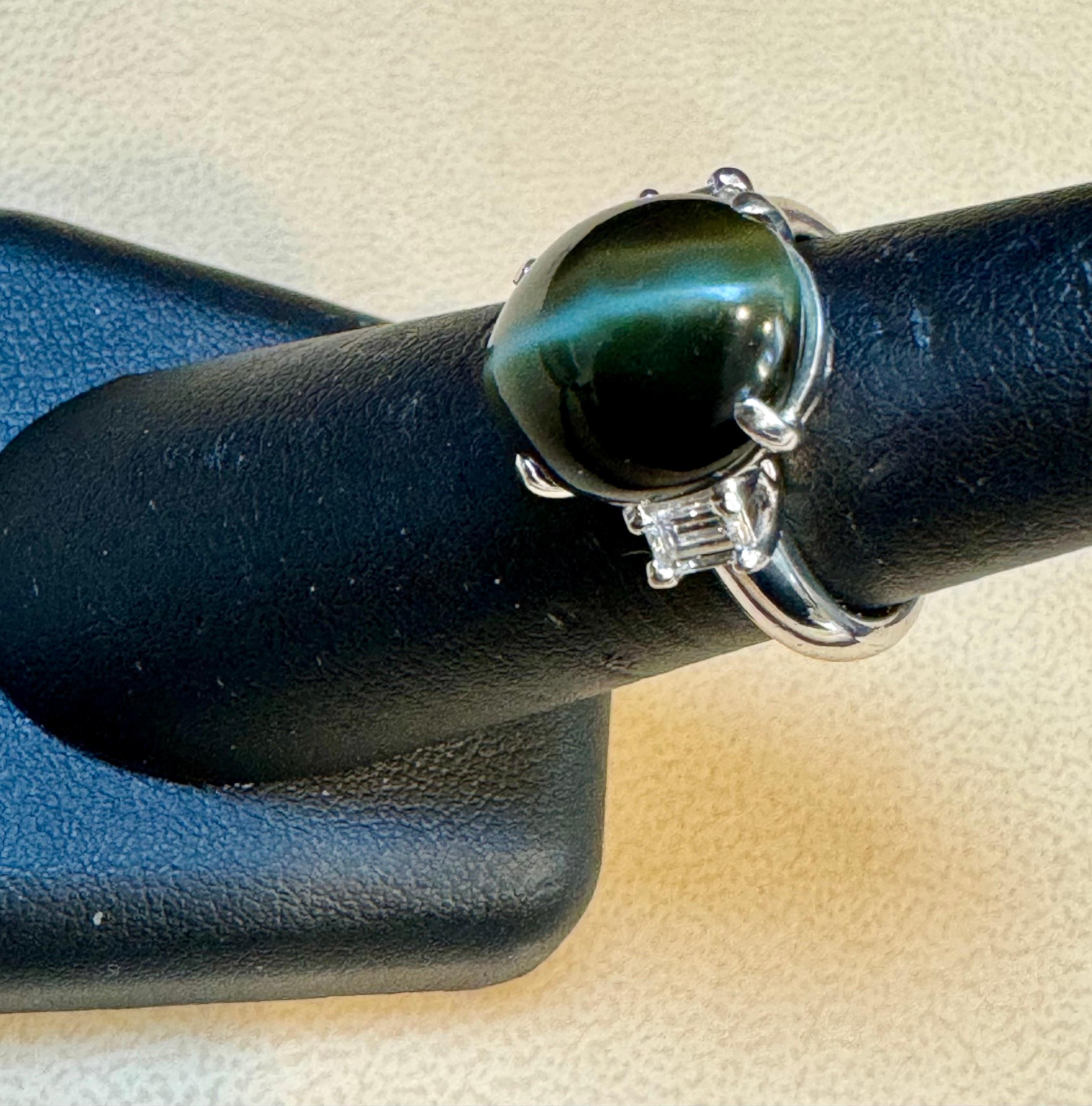 7.68 Ct Blue Green Cat's Eye Tourmaline Cocktail Ring with Diamonds in Platinum For Sale 2