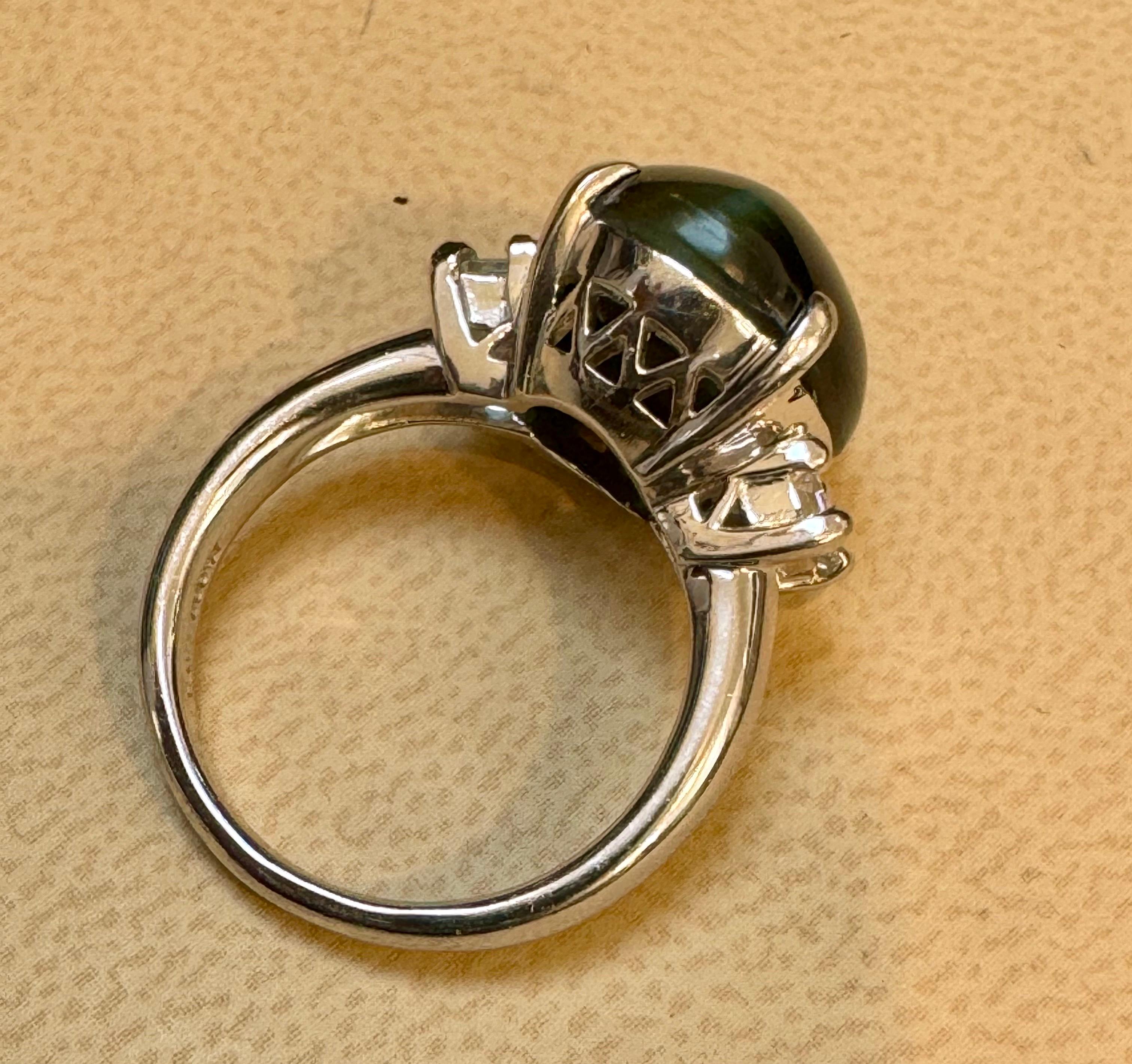 7.68 Ct Blue Green Cat's Eye Tourmaline Cocktail Ring with Diamonds in Platinum For Sale 4