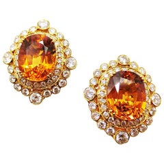 7.69 and 7.59 Carat Cushion Cut Yellow Sapphire Diamond Gold Cluster Earrings