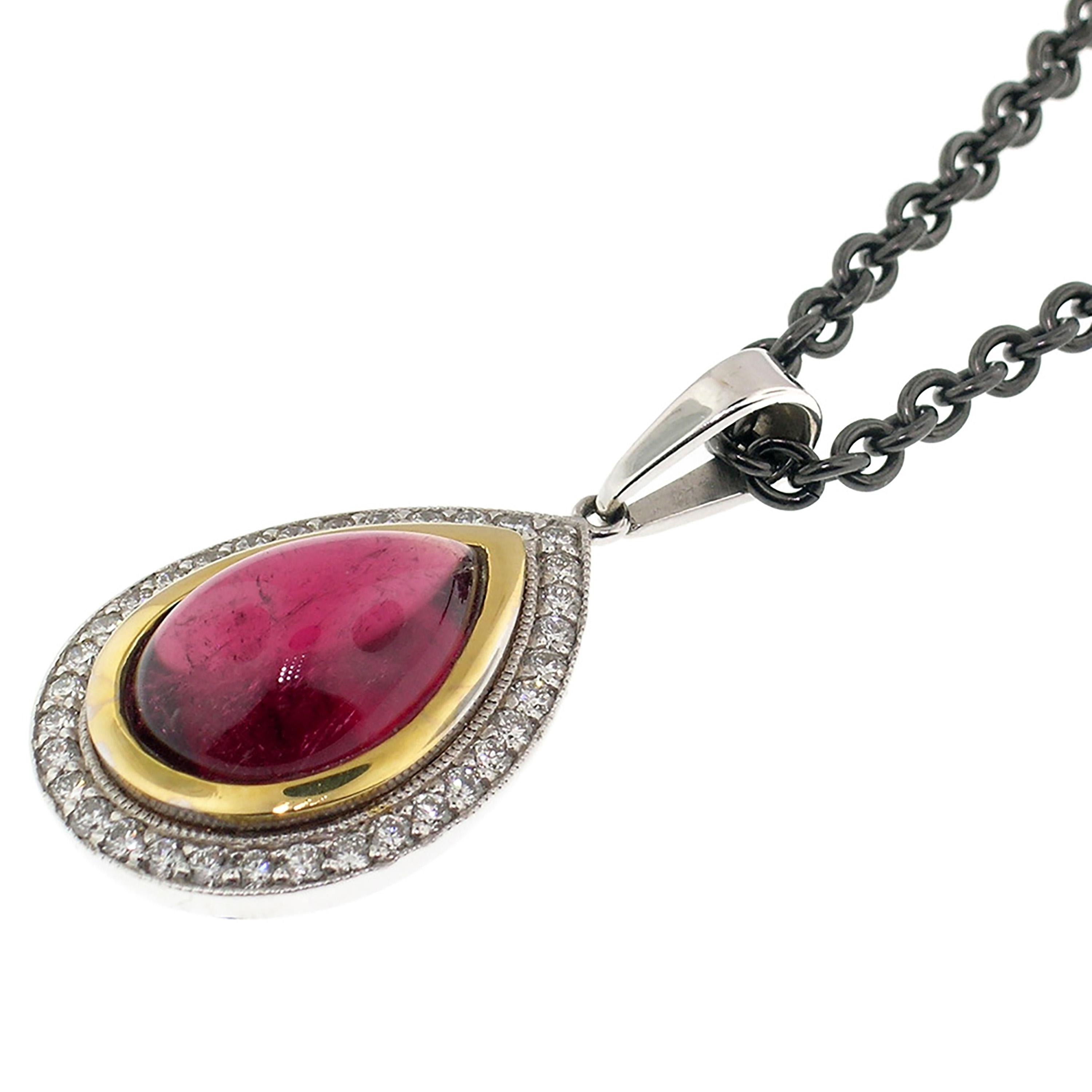 7.69ct Rubellite Tourmaline Cabochon and Diamond 18kt Pendant In New Condition In Logan, UT