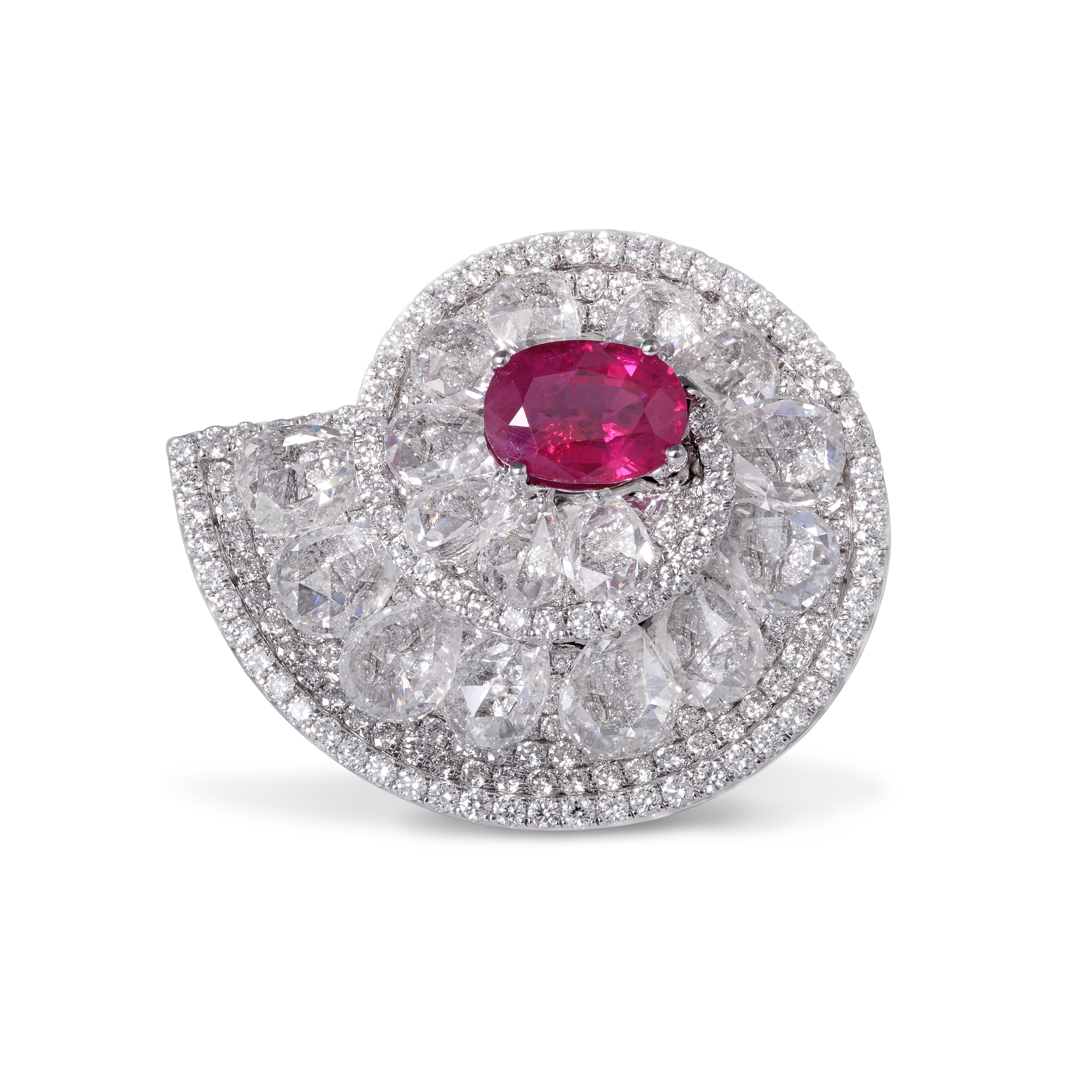 This exquisite jewel, crafted with rose-cut diamonds set in such a way that they move around the central 1.63cts Burmese ruby, creates the perfect shell shape. With its unique combination of colour, symmetry and placement of the rose cuts, this ring