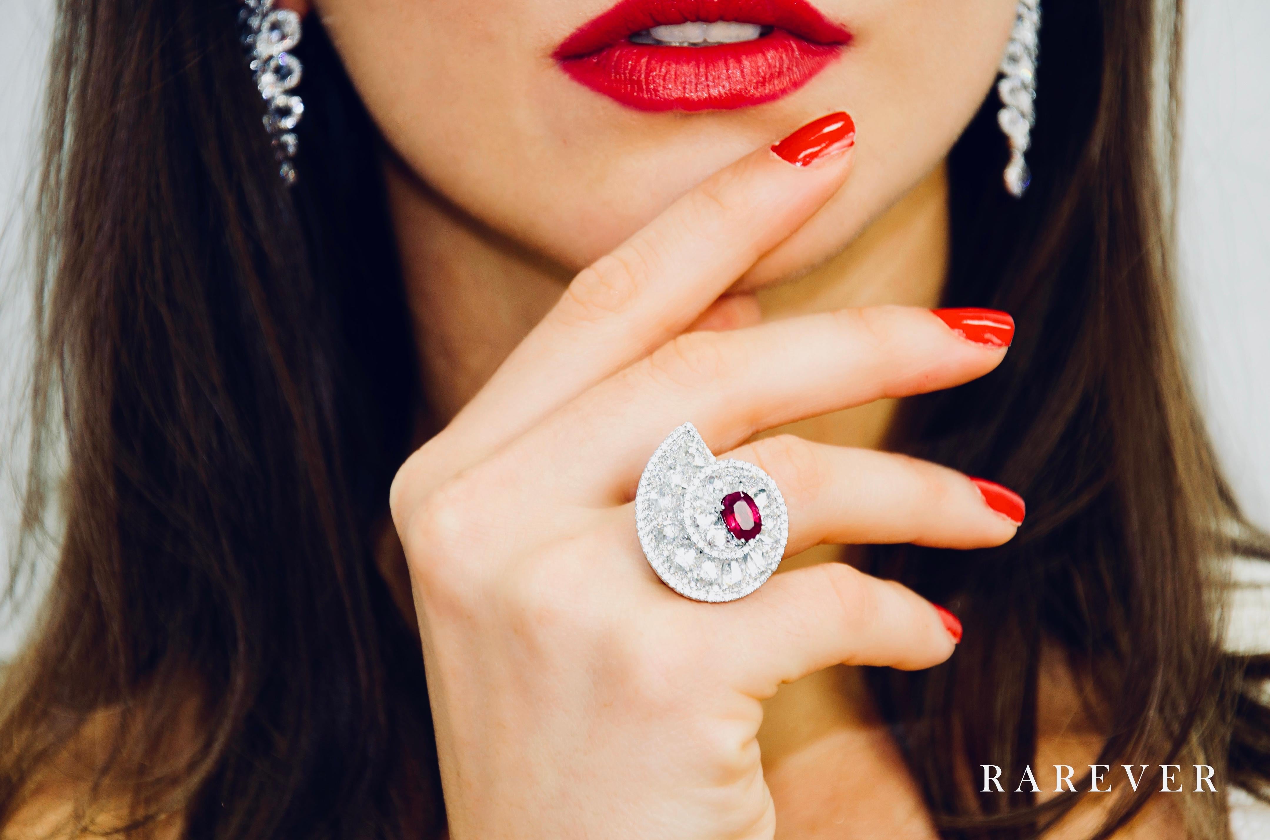 Women's 18 Karat White Gold 1.63cts Natural Burmese Ruby Rose Cut Diamond Ring 6.06ct For Sale